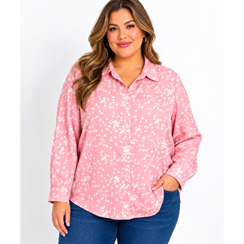 Dokotoo Pink/White Abstract Print Collared Long Sleeve Button-Up Blouse XL